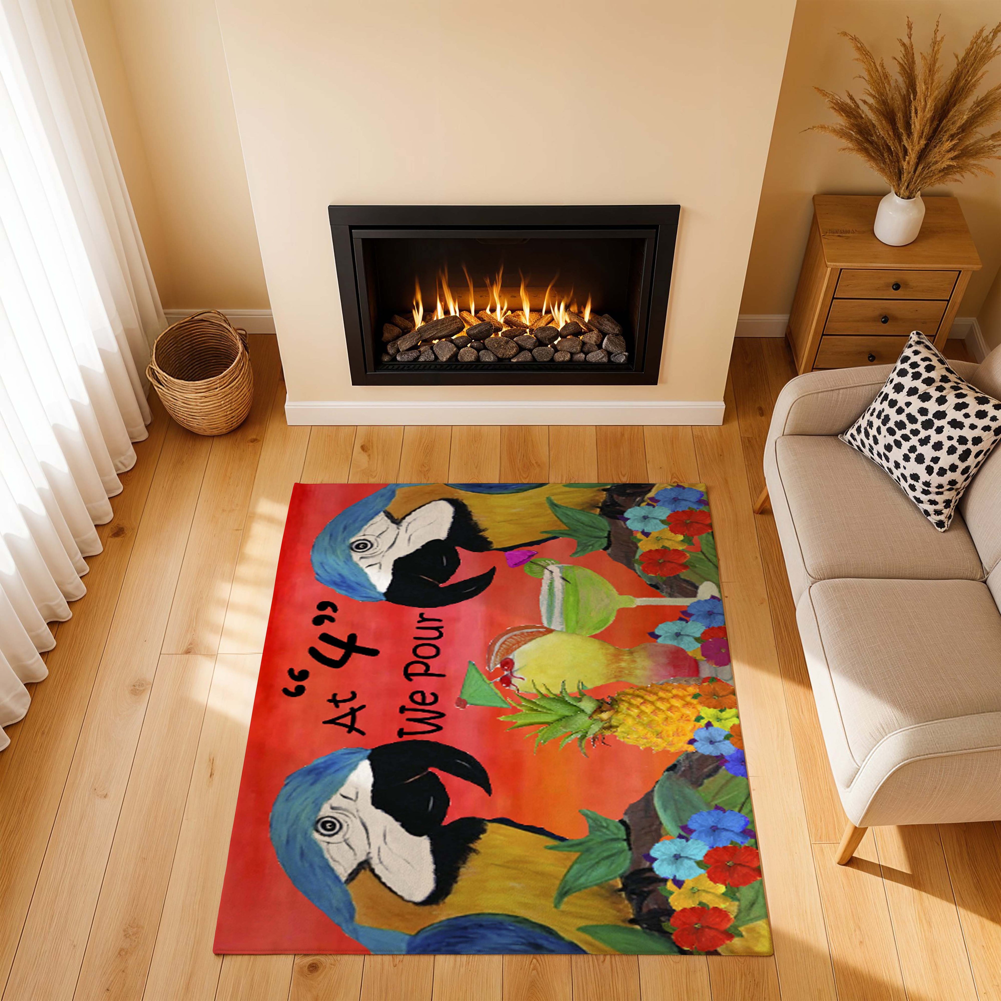 Tropical Parrot Cocktail Area Rug — "At 4 We Pour" Colorful Beach Vibe Mat