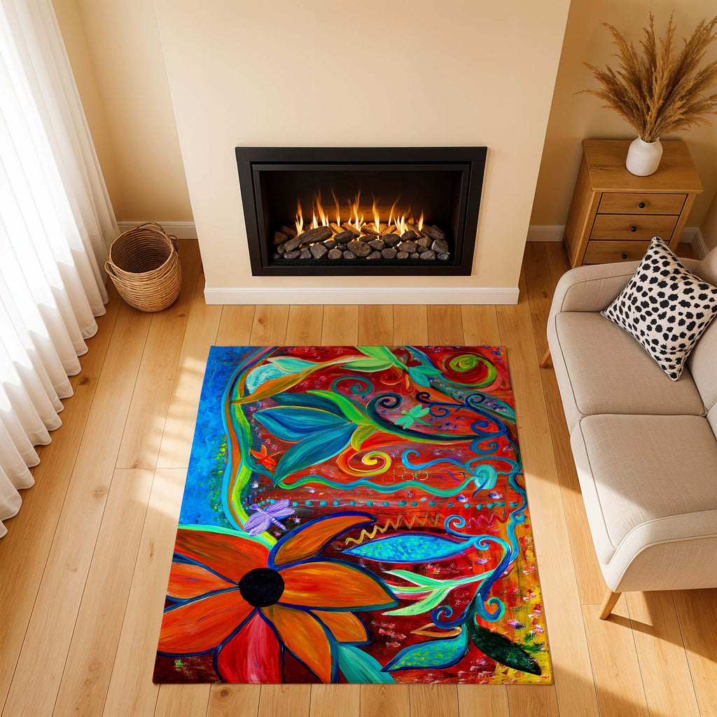 Vibrant Floral Area Rug — Colorful Bohemian Flower Swirl Mat