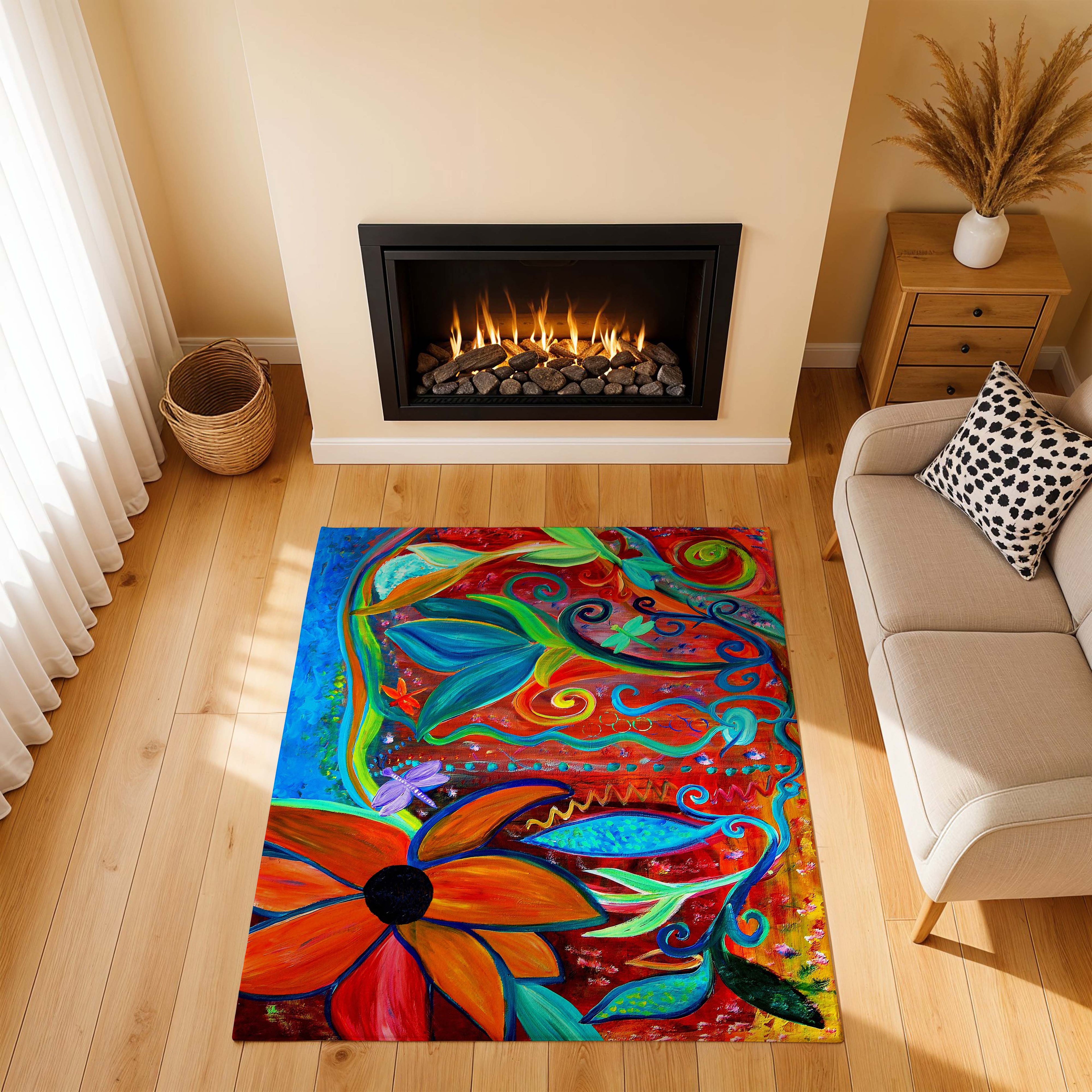 Vibrant Floral Area Rug — Colorful Bohemian Flower Swirl Mat