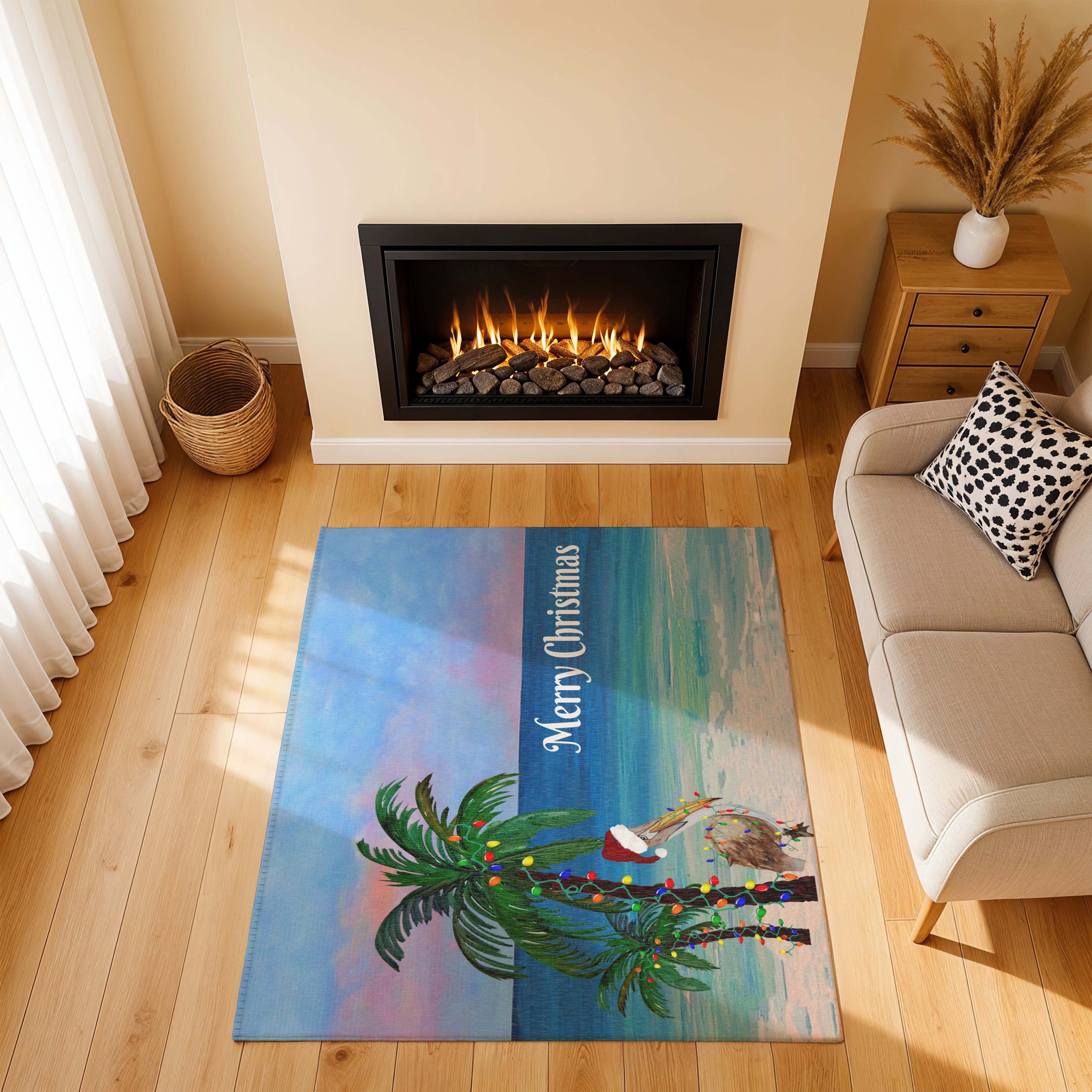 Merry Christmas Beach Area Rug – Tropical Palm & Pelican Holiday Mat