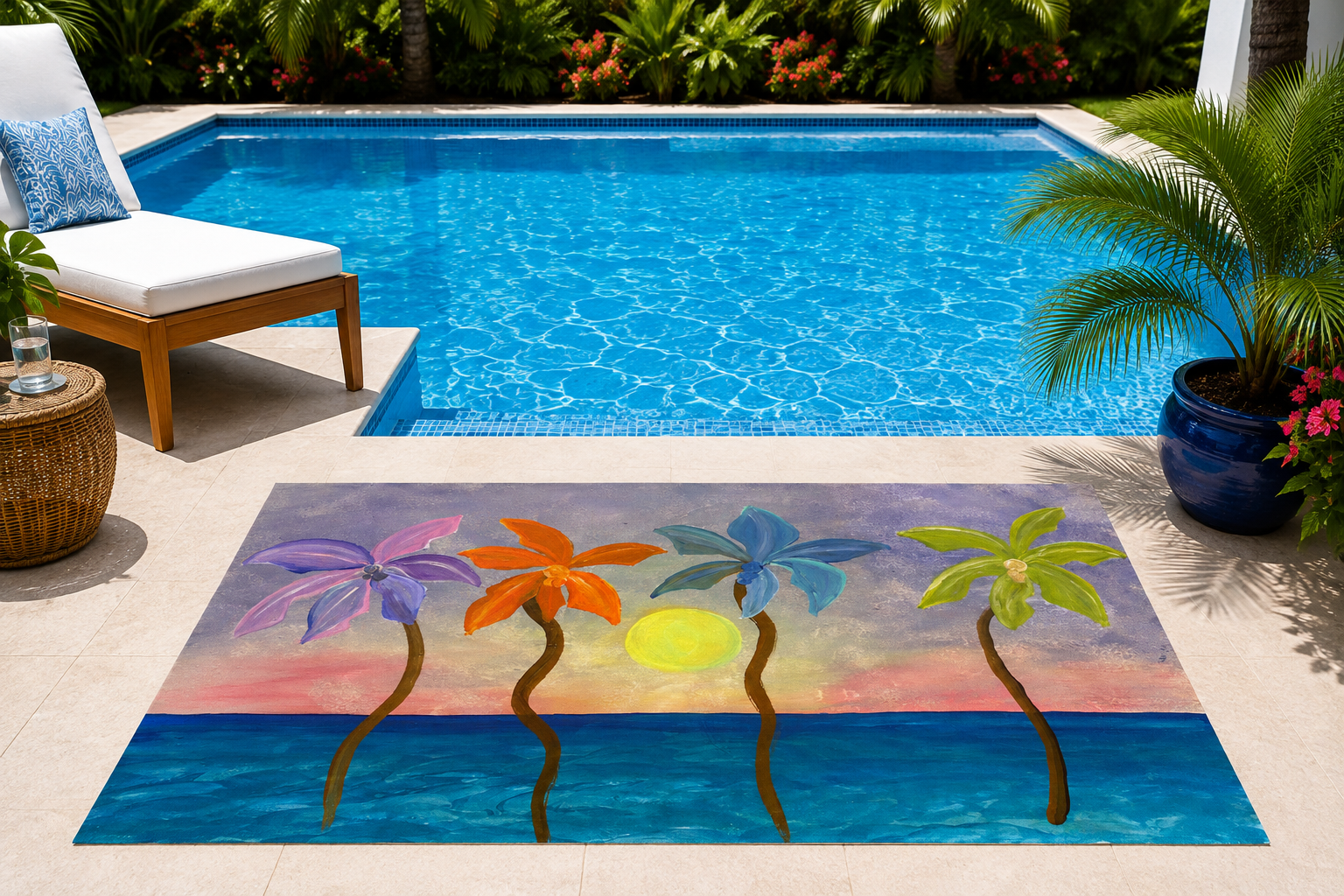 Tropical Sunset Palm Outdoor Rug — Colorful Beach Scene Mat for Patio, Deck & Pool