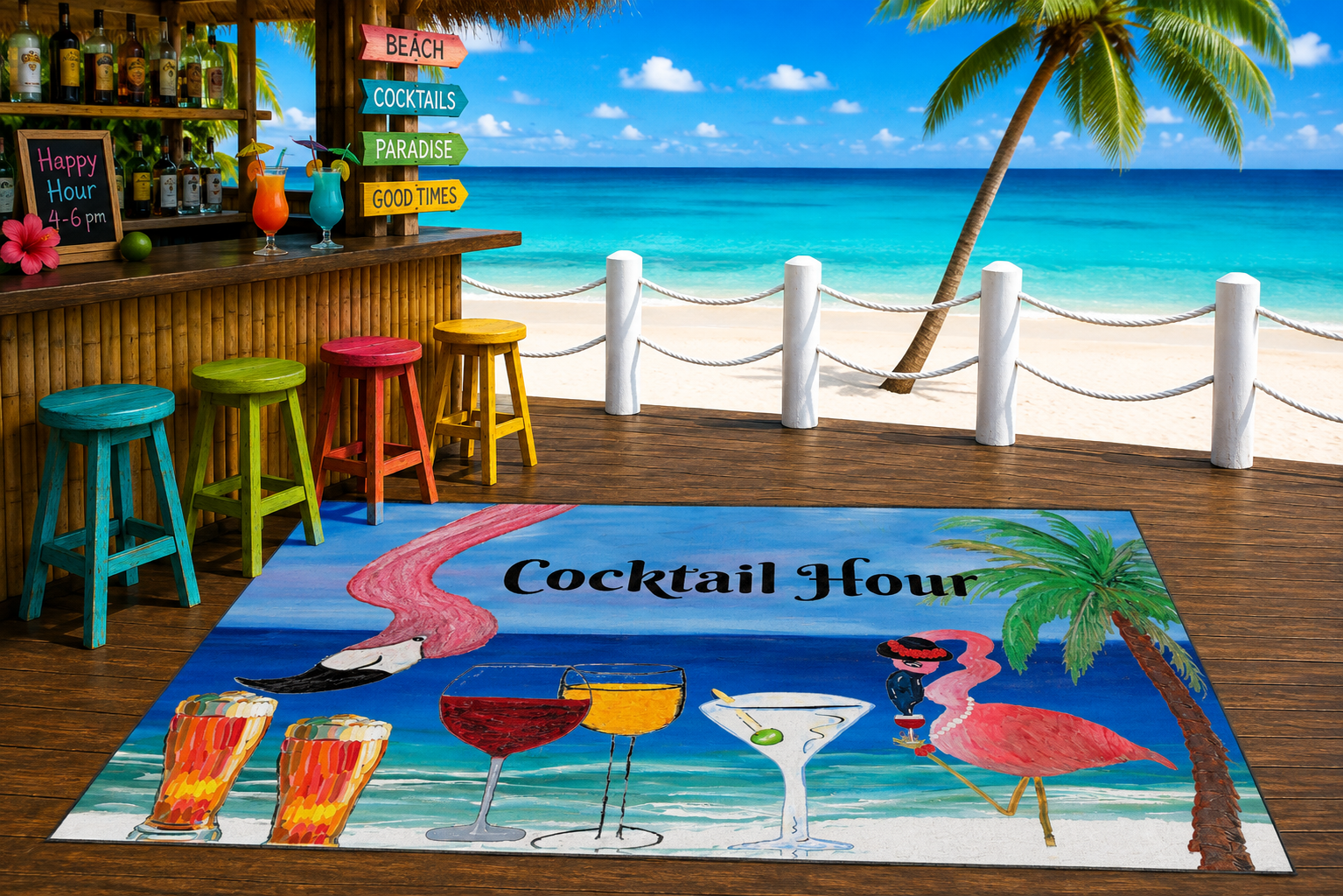 Cocktail Hour Flamingo Floor Mat — Tropical Beach Bar Welcome Mat