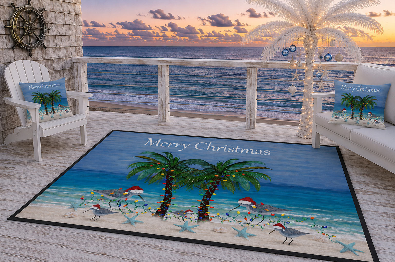Sandpipers Shore Birds with Santa hats festive Beach Palm 'Merry Christmas' Floor Mat — Tropical Holiday Doormat