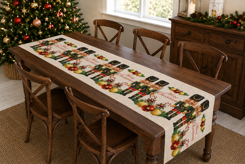 Nutcracker Christmas Table Runner — "Merry Christmas" Holiday Table Decor