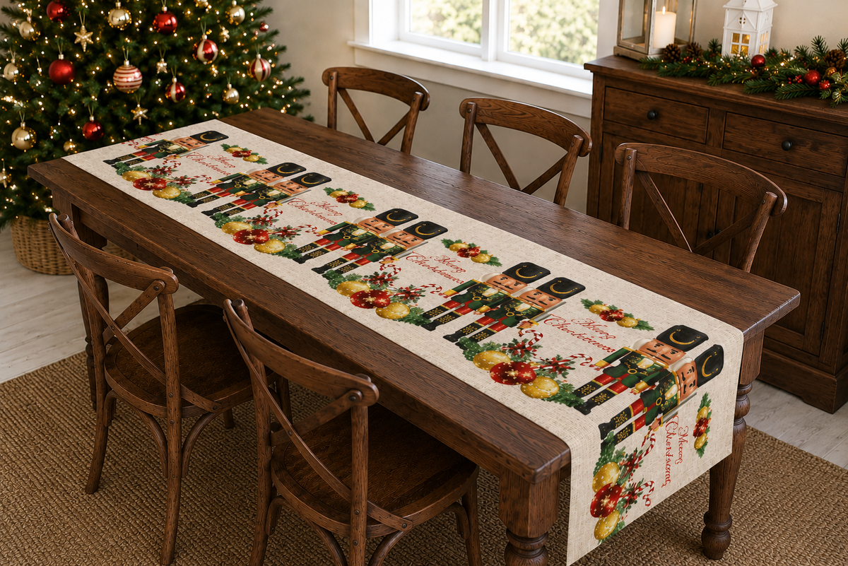Nutcracker Christmas Table Runner — "Merry Christmas" Holiday Table Decor