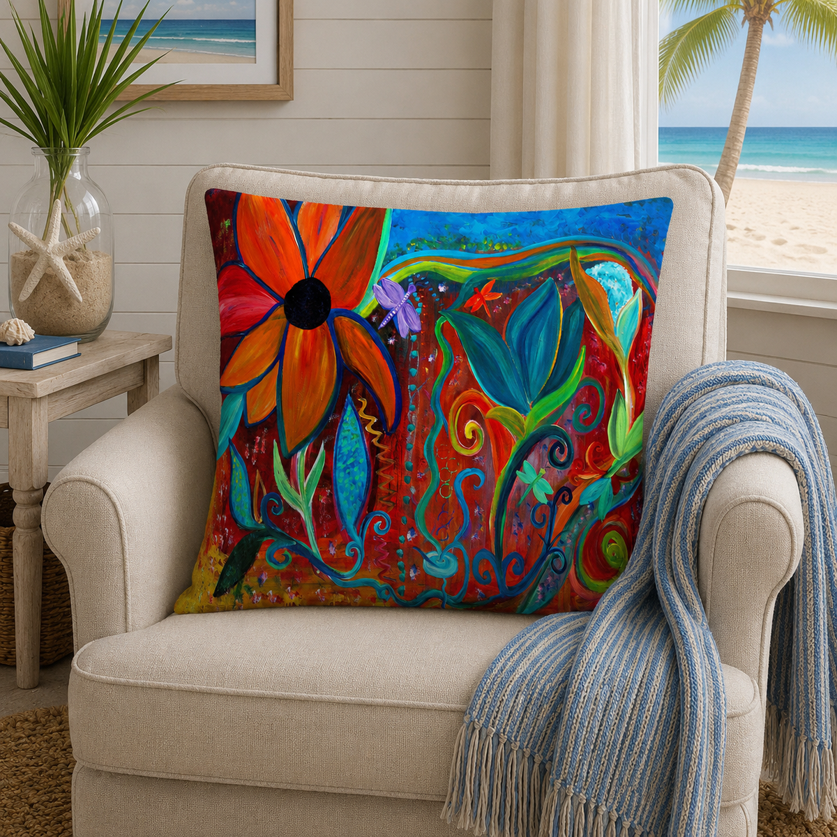 Vibrant Floral Art Pillow — Colorful Boho Garden Throw Pillow