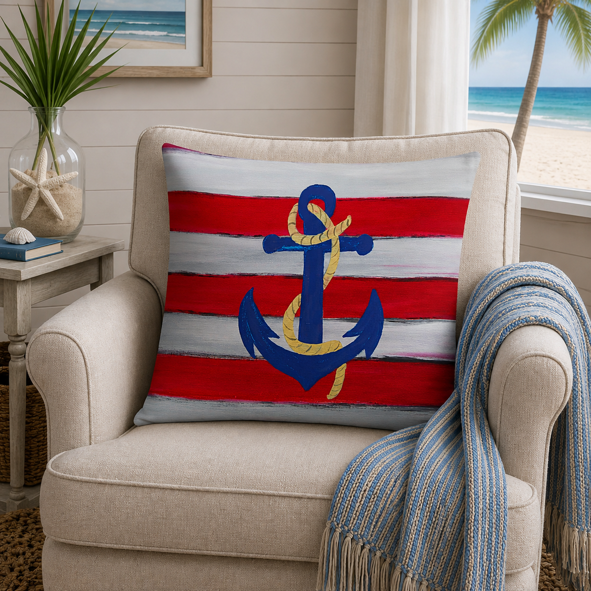 Nautical Anchor Pillow — Red & White Stripe Decorative Throw