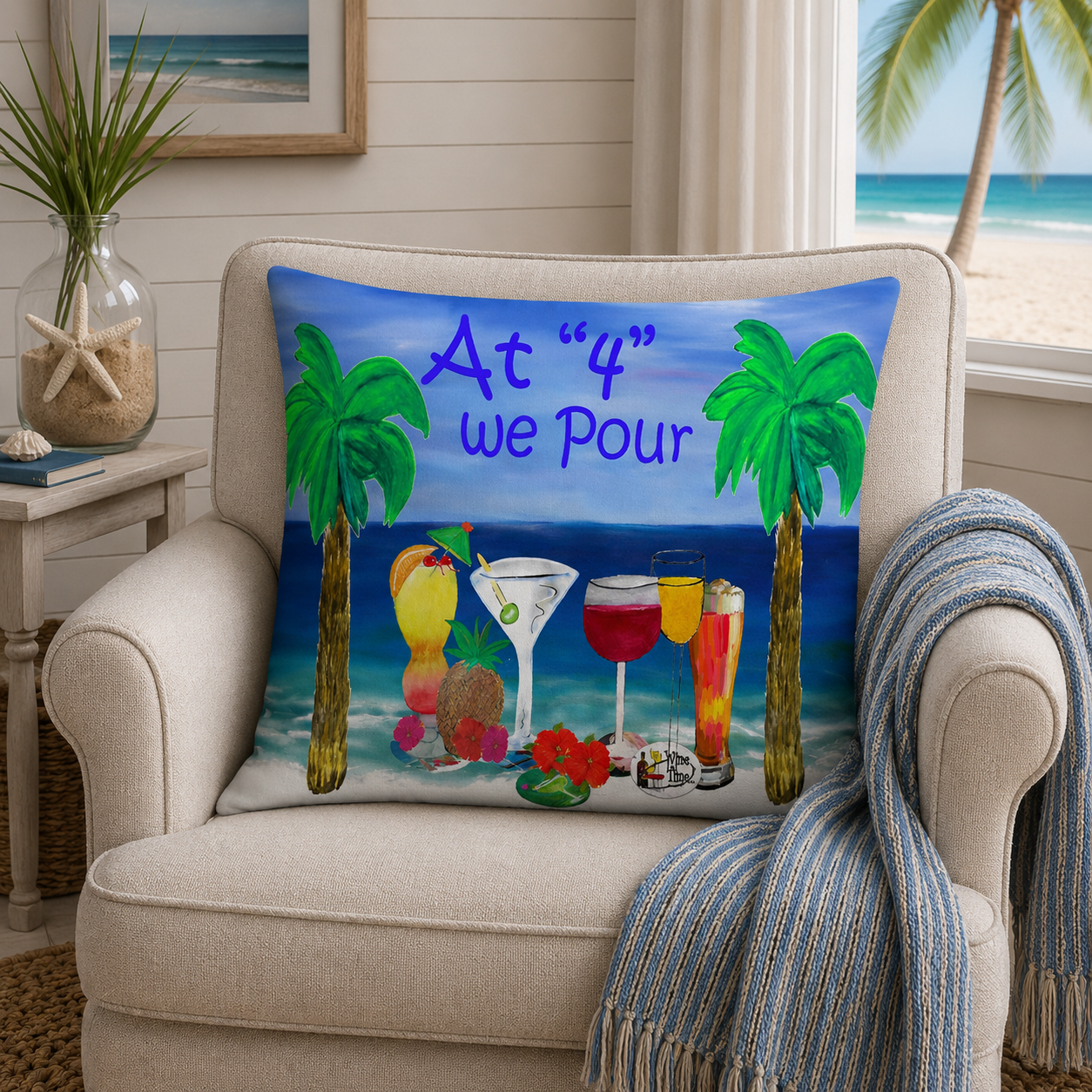 Beach Cocktail Pillow — "At 4 we Pour" Tropical Drink Decorative Throw Pillow