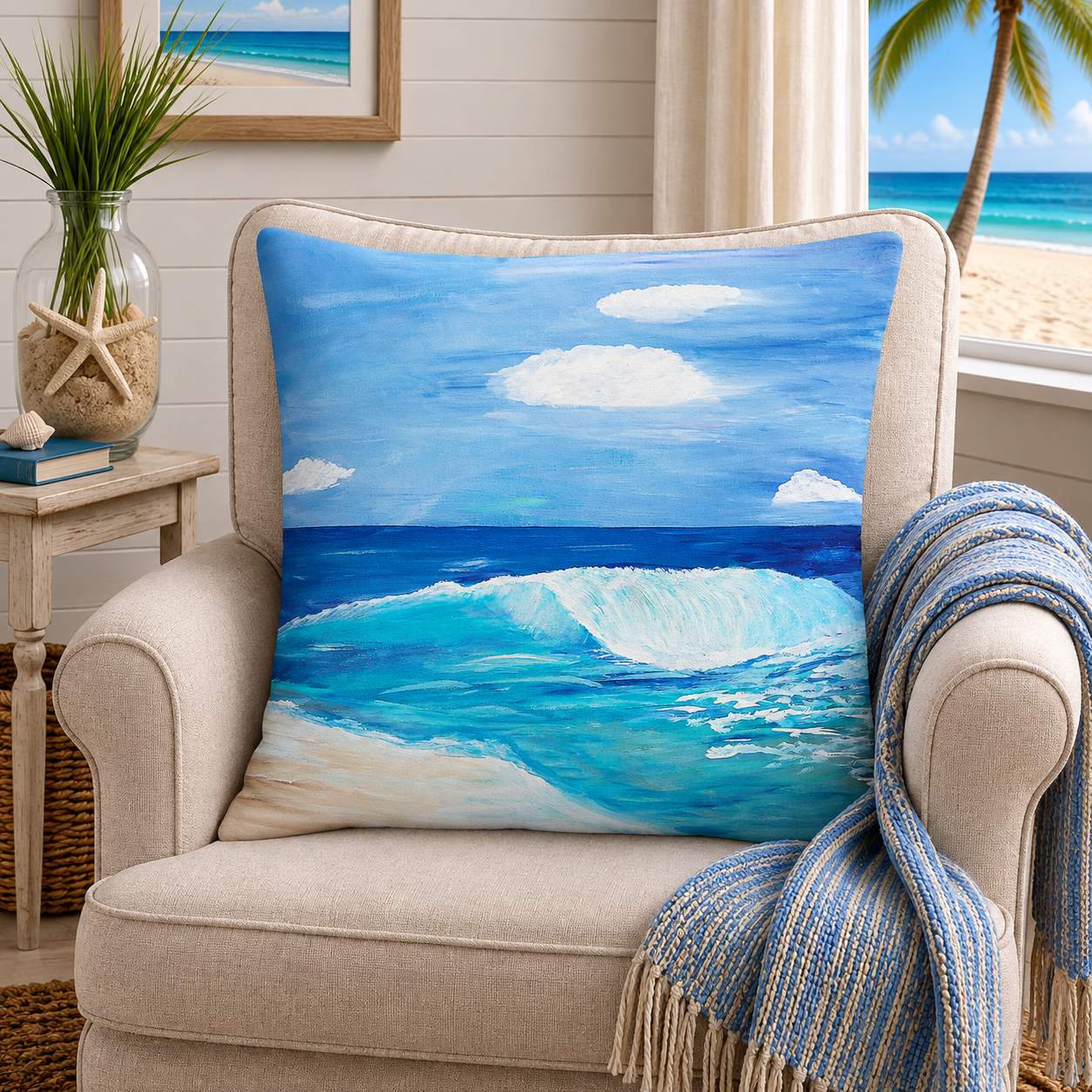 Ocean Wave Throw Pillow — Coastal Blue Beach Art Square Pillow