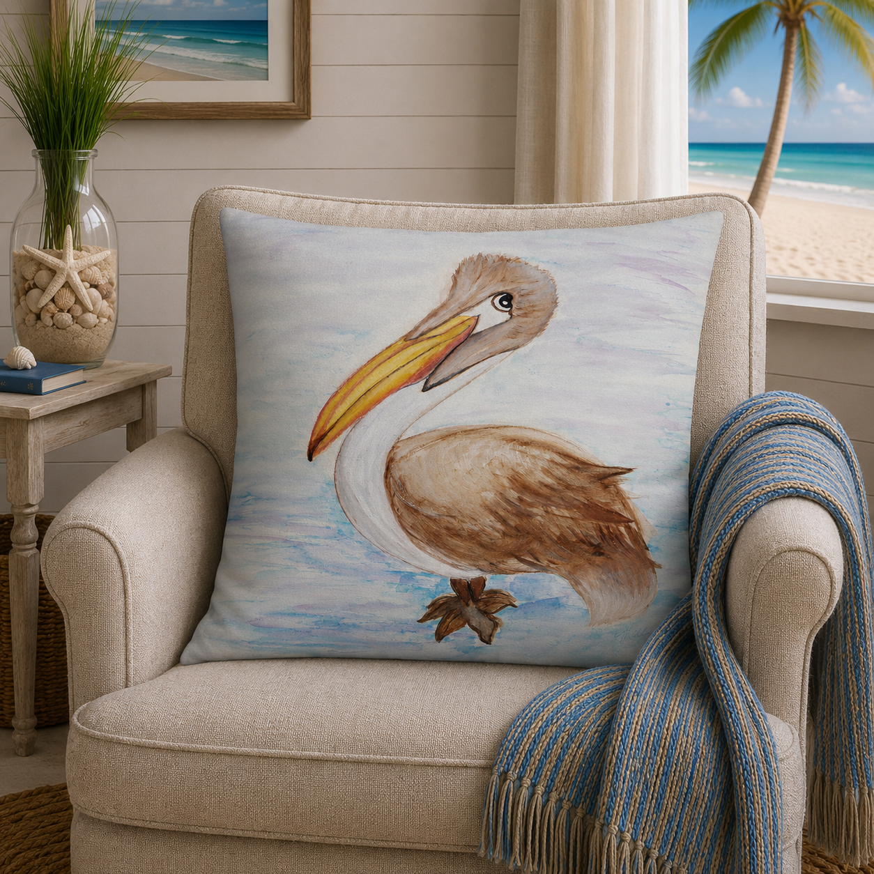 Pelican Art Pillow — Coastal Throw Pillow with Watercolor Pelican Design