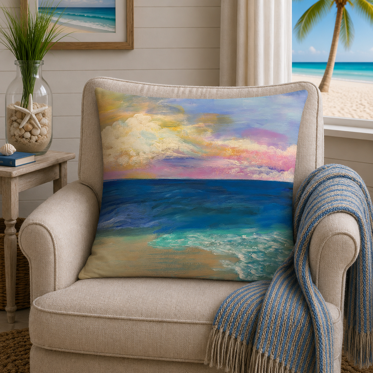 Coastal Sunset Pillow — Ocean Beach Art Square Throw Pillow