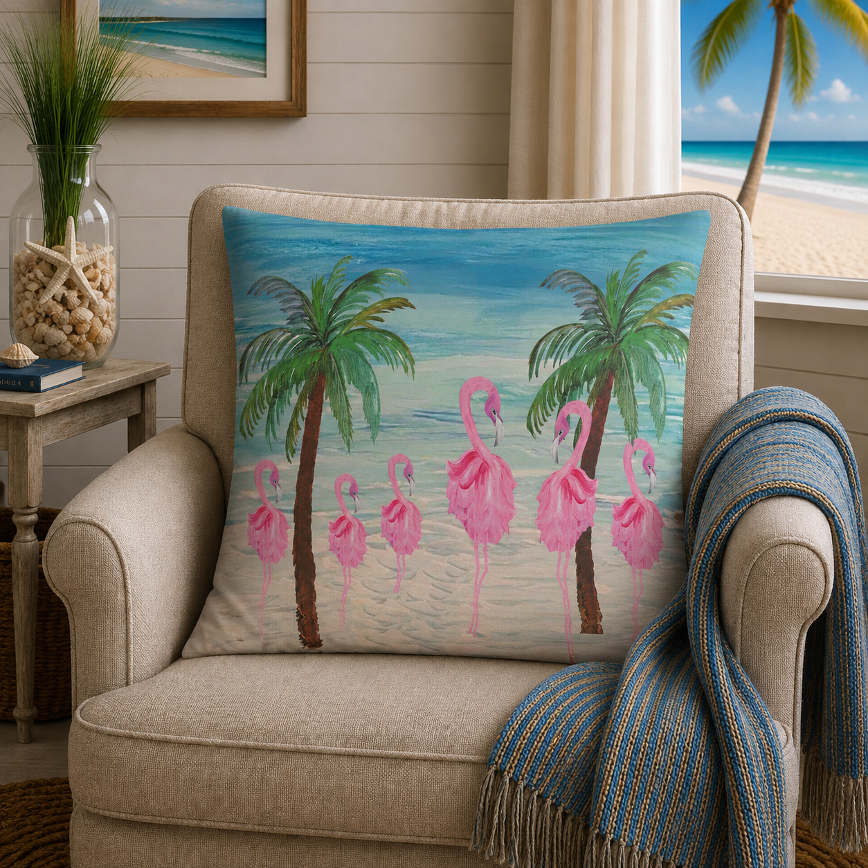 Tropical Flamingo Pillow - Pink Flamingo Beach Decorative Throw Pillow