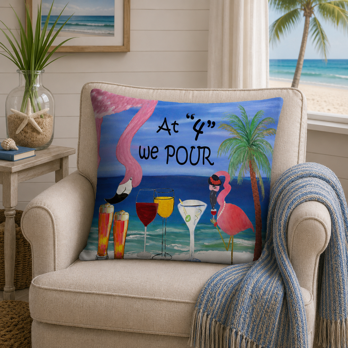At 4 We Pour Tropical Flamingo Cocktail Pillow