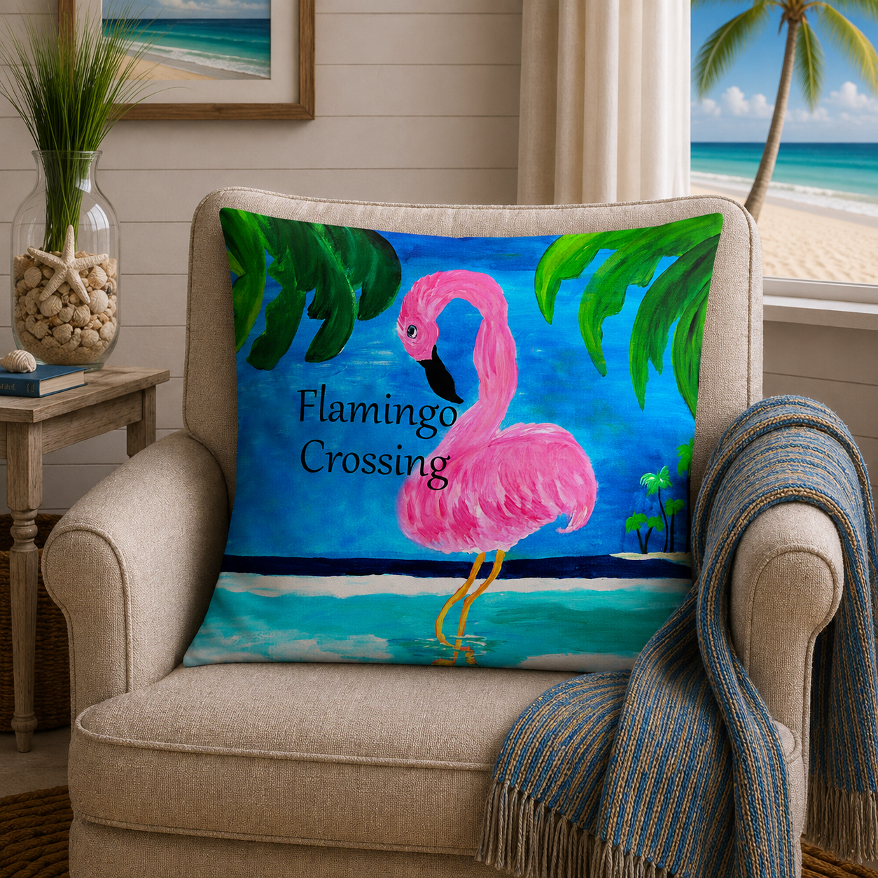 Flamingo Crossing Throw Pillow — Tropical Pink Flamingo Decorative Pillow