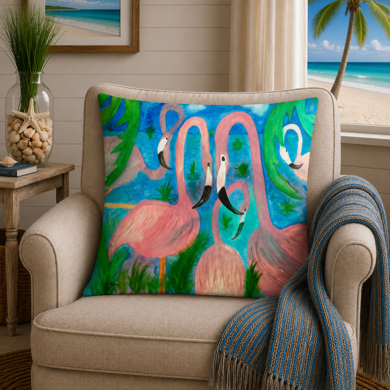 Pink Flamingo Tropical Pillow - Decorative Square Throw Cushion