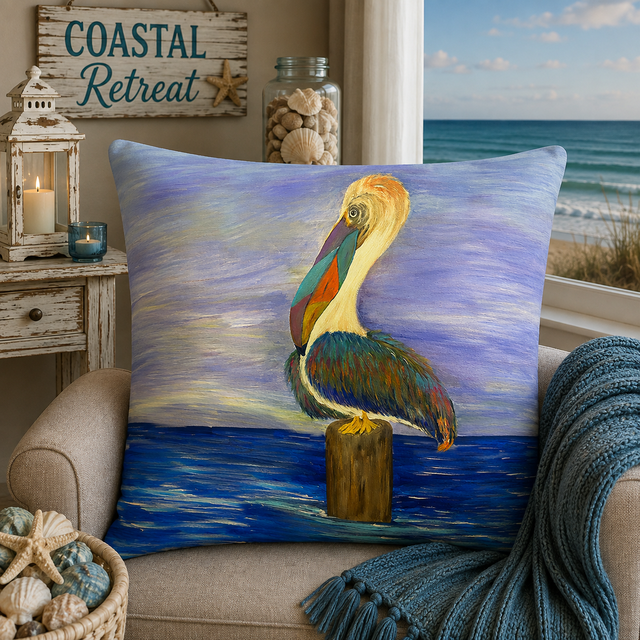 Pelican Art Pillow — Coastal Decorative Throw Pillow with Colorful Pelican Painting