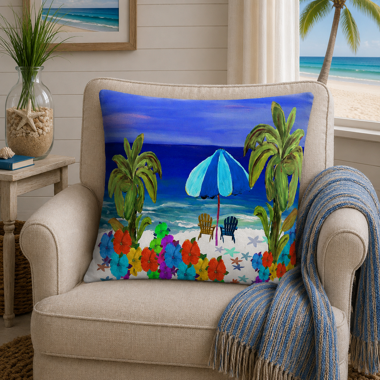 Beach Scene Throw Pillow — Tropical Umbrella & Palm Trees Decorative Pillow