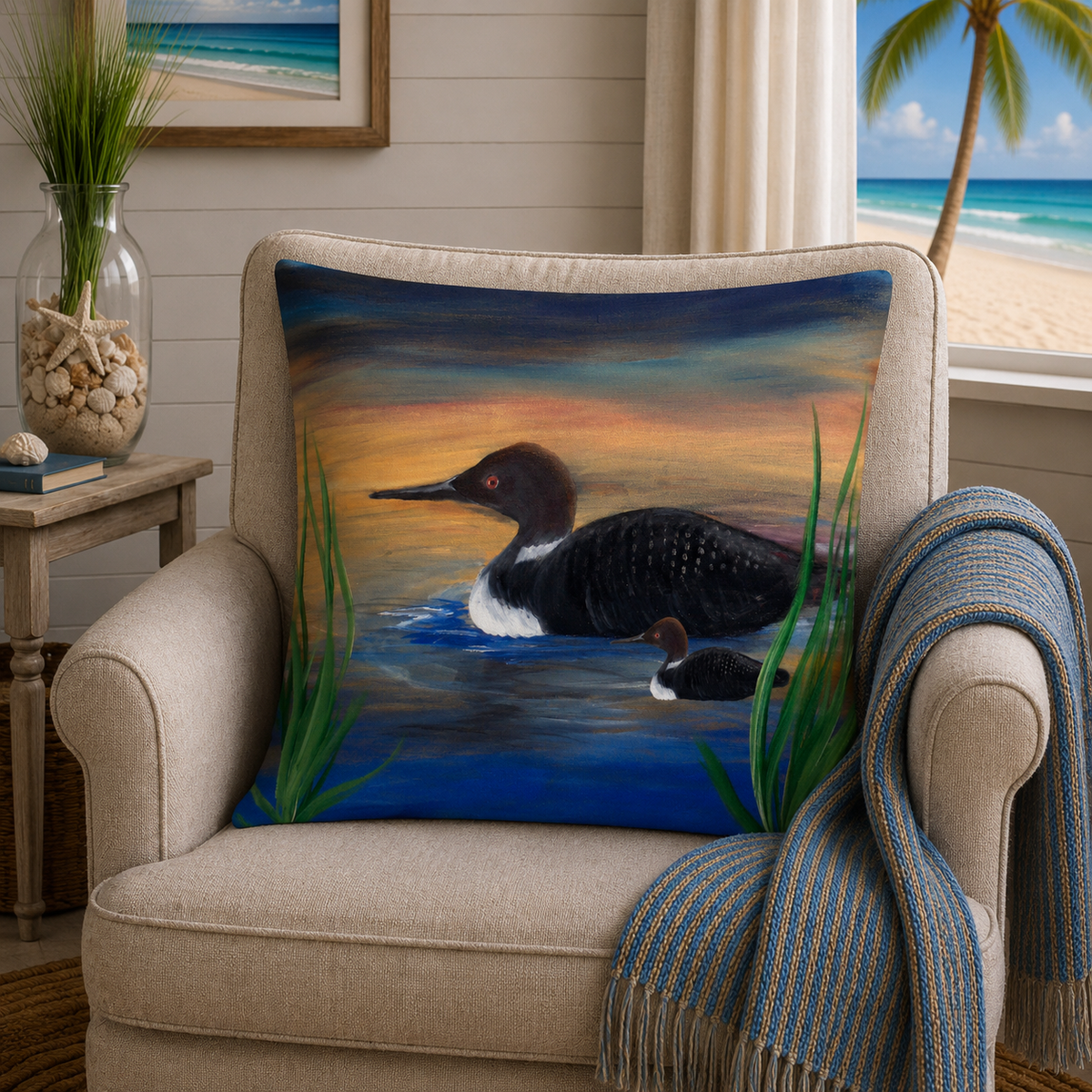 Loon Sunset Square Pillow — Duck Lake Decorative Throw Pillow