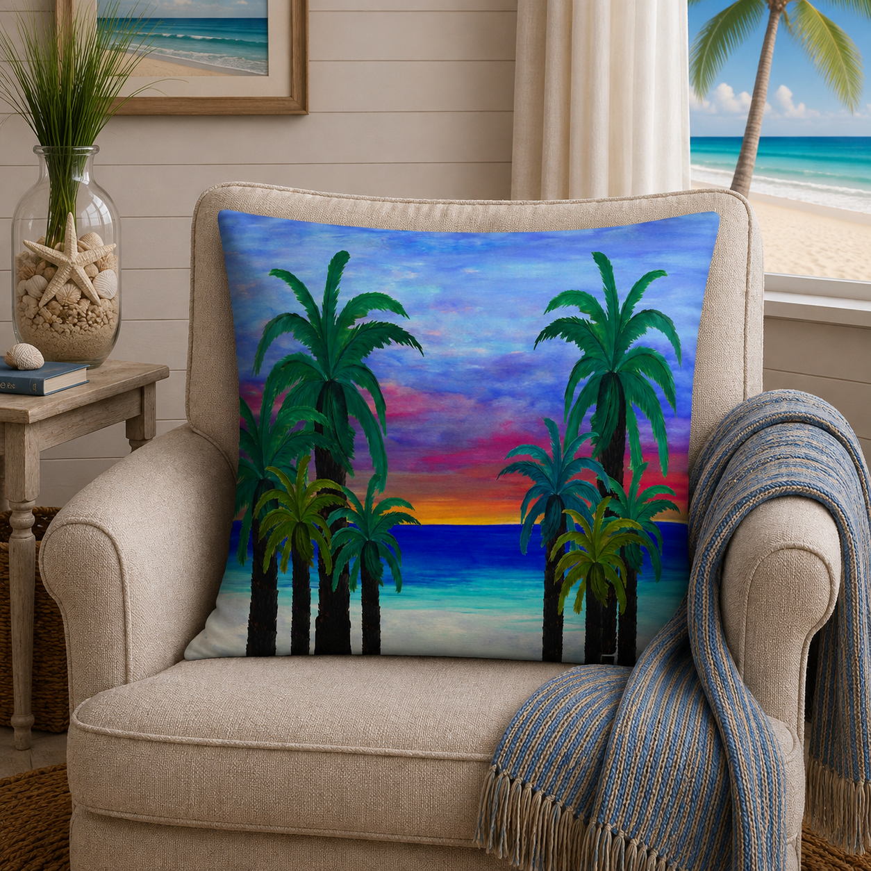 Tropical Sunset Palm Pillow — Beach Sunset Decorative Throw Pillow