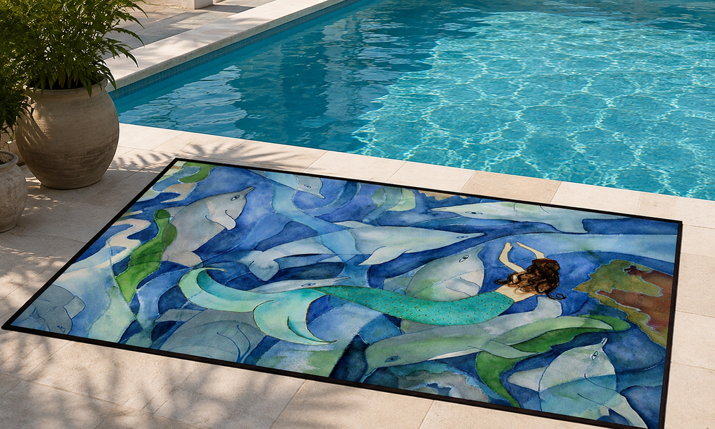 Mermaid & Dolphins Outdoor Rug — Nautical Coastal Patio Mat