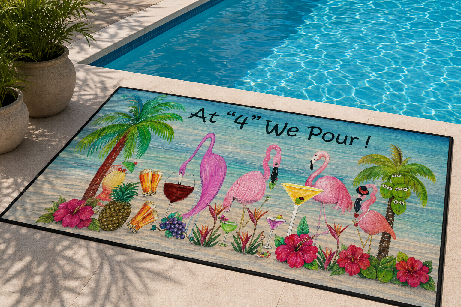 Tropical Flamingo Welcome Mat — "At '4' We Pour!" Cocktail Beach Door Mat