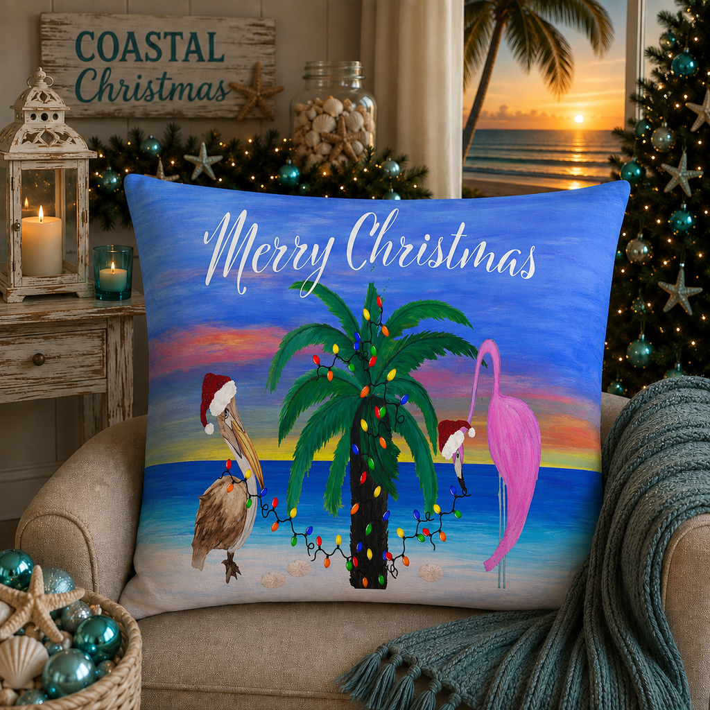 Christmas pelican and flamingo Santas trim a palm tree Holiday lights Spun Polyester Square Pillow