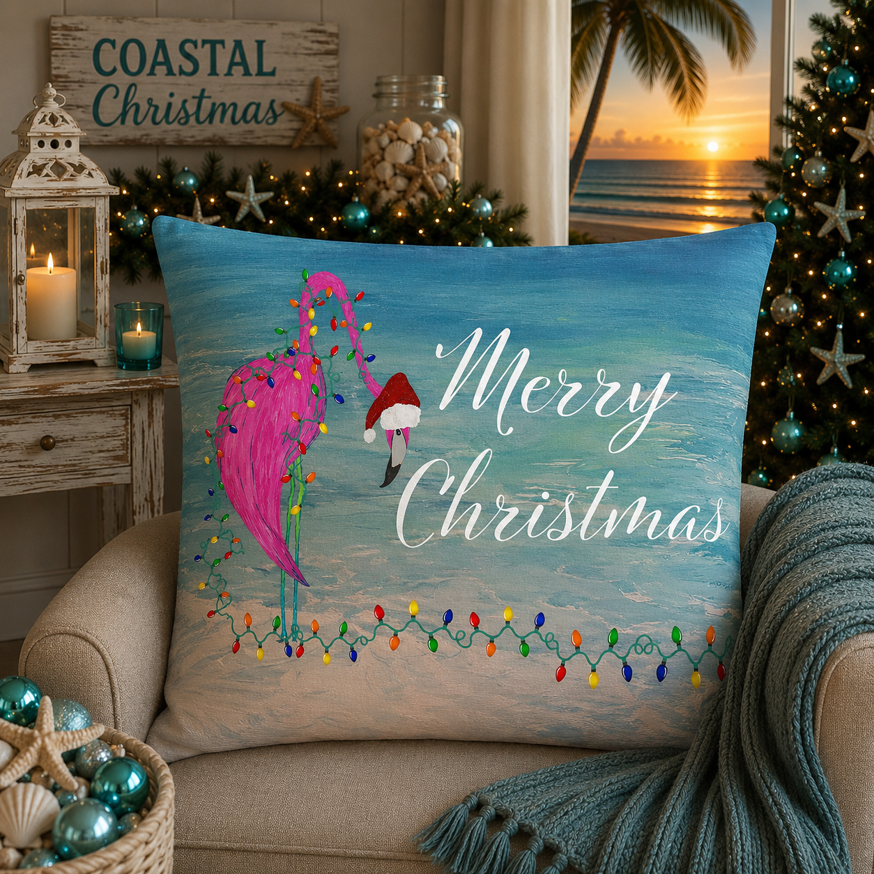 Tropical flamingo and Holiday lights clearwater beach Spun Polyester Square Pillow