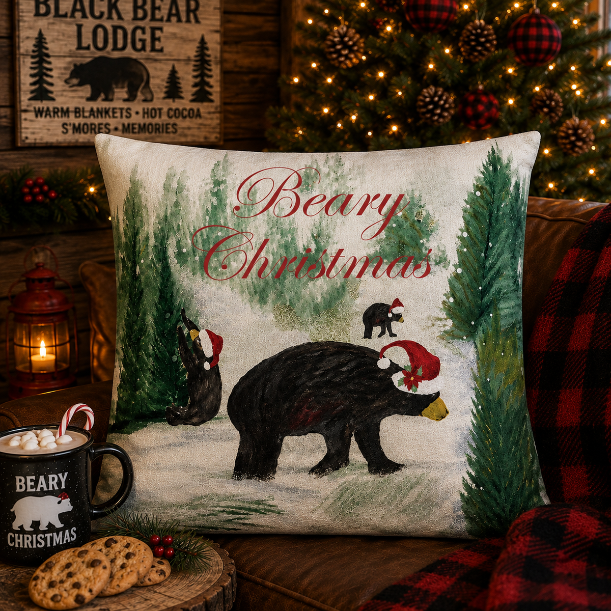 Beary Christmas Decorative Pillow — Holiday Black Bear Throw Pillow