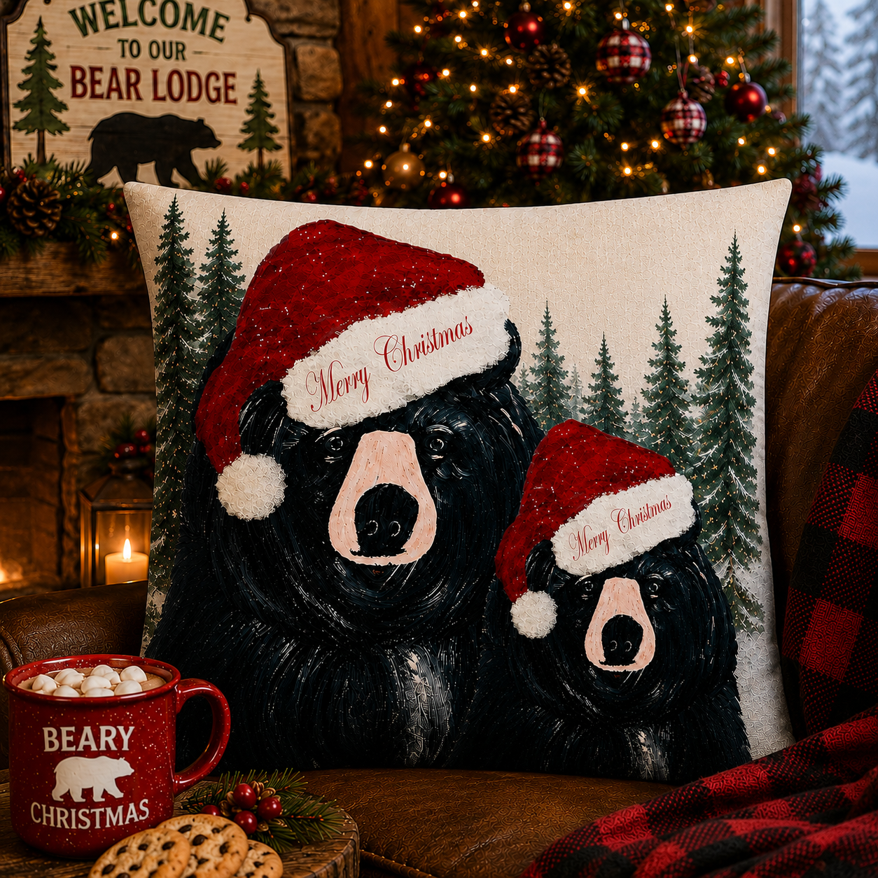 Christmas Bear Pillow — 'Merry Christmas' Black Bear Holiday Throw Pillow