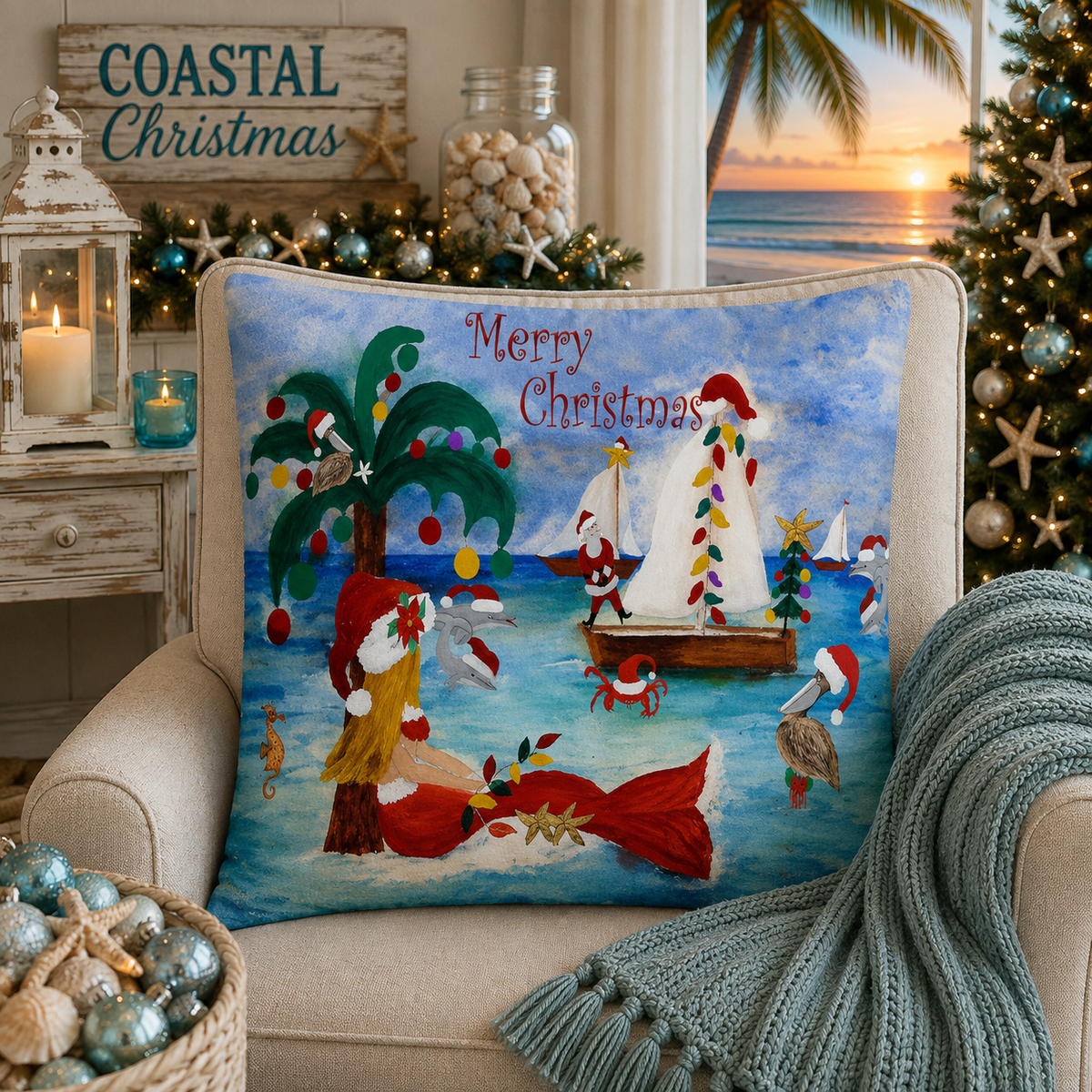 Christmas Coastal Pillow — 'Merry Christmas' Tropical Santa Decorative Throw Pillow