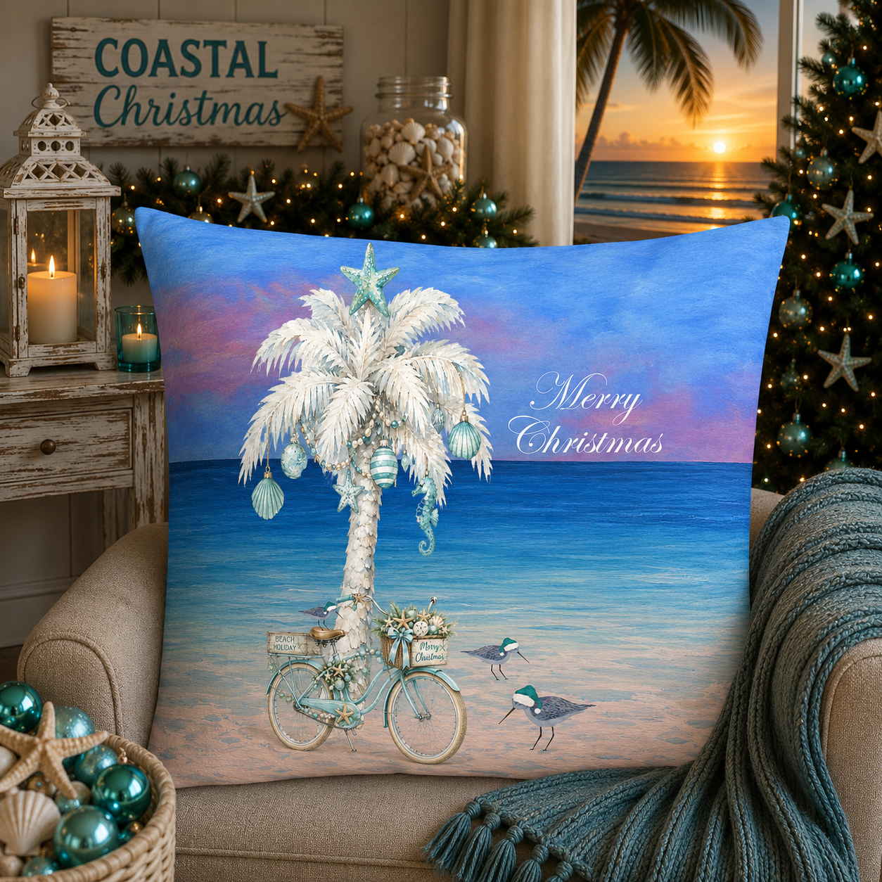 Coastal Christmas Pillow — Beach Palm Tree "Merry Christmas" Throw Pillow