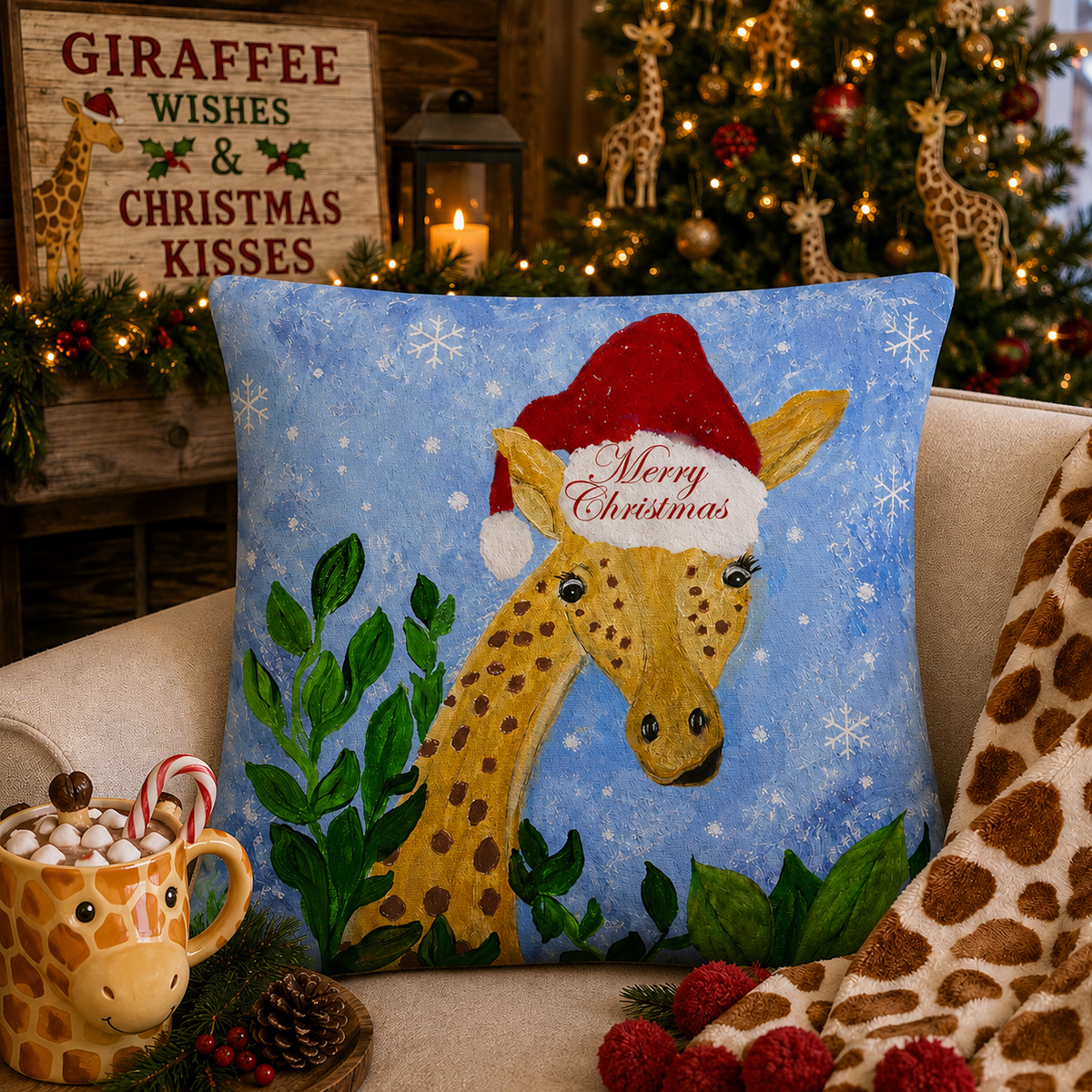 Christmas Giraffe Pillow - 'Merry Christmas' Holiday Decorative Throw Pillow