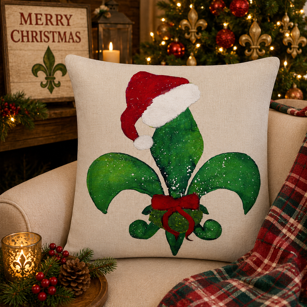 Christmas Fleur‑de‑Lis Decorative Pillow — Santa Hat Holiday Accent