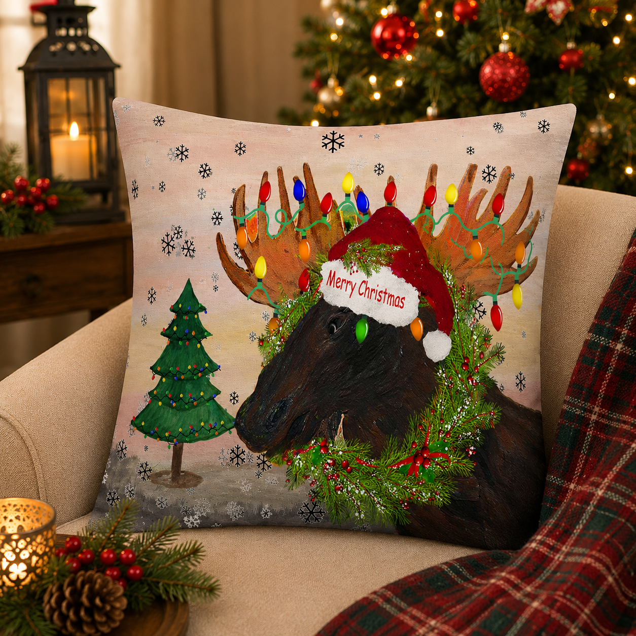 Christmas Moose Holiday Throw Pillow — 'Merry Christmas' Reindeer Antler Lights Design