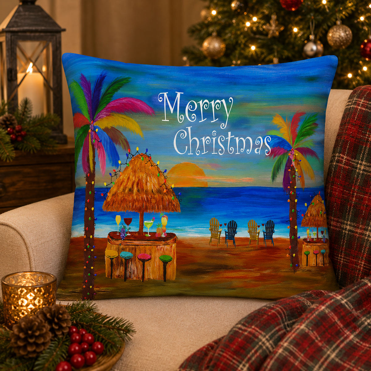 Tropical "Merry Christmas" Beach Pillow — Holiday Luau Decorative Throw Pillow