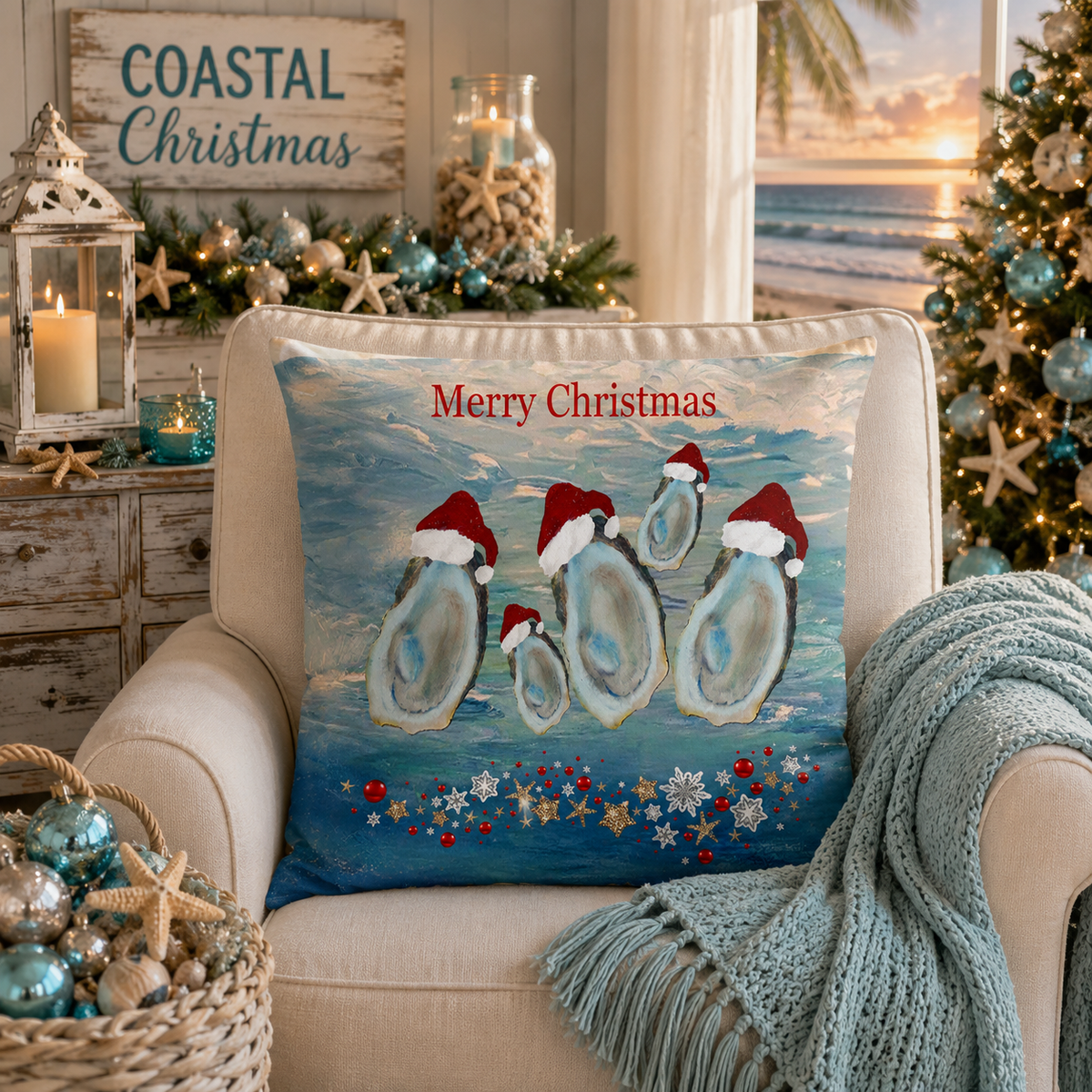 Merry Christmas Oyster Family Holiday Pillow