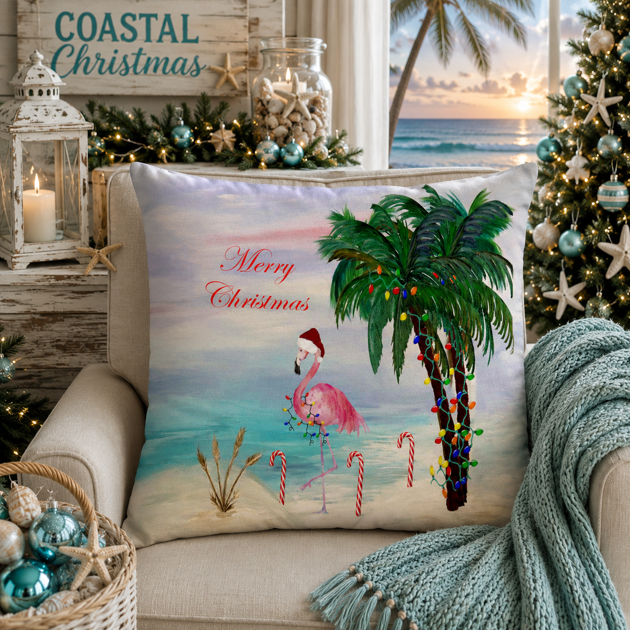 Christmas Flamingo Candy Canes Beach Pillow — Merry Christmas Tropical Holiday Throw Pillow