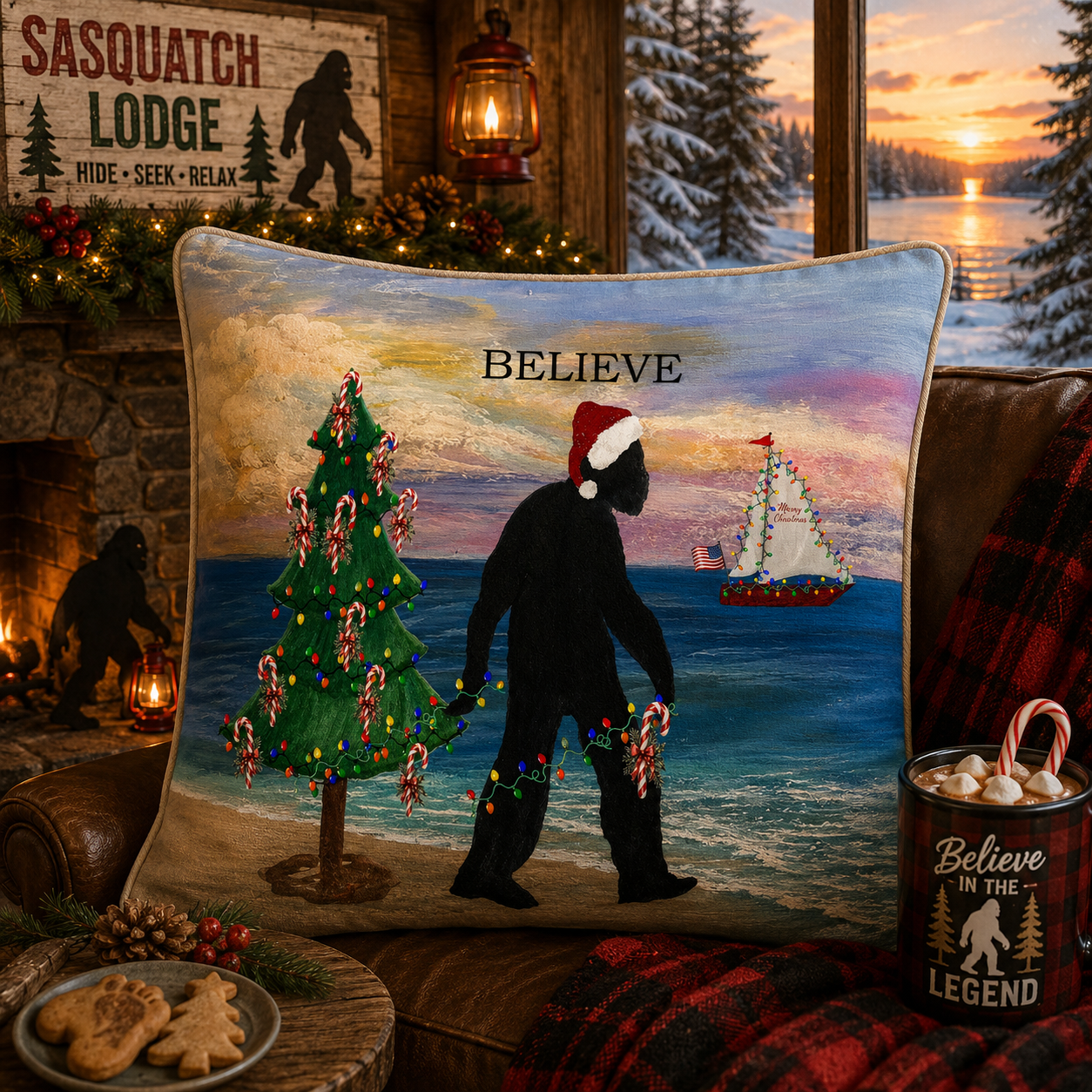Believe Bigfoot Funny Nautical Holiday Christmas Throw Pillow