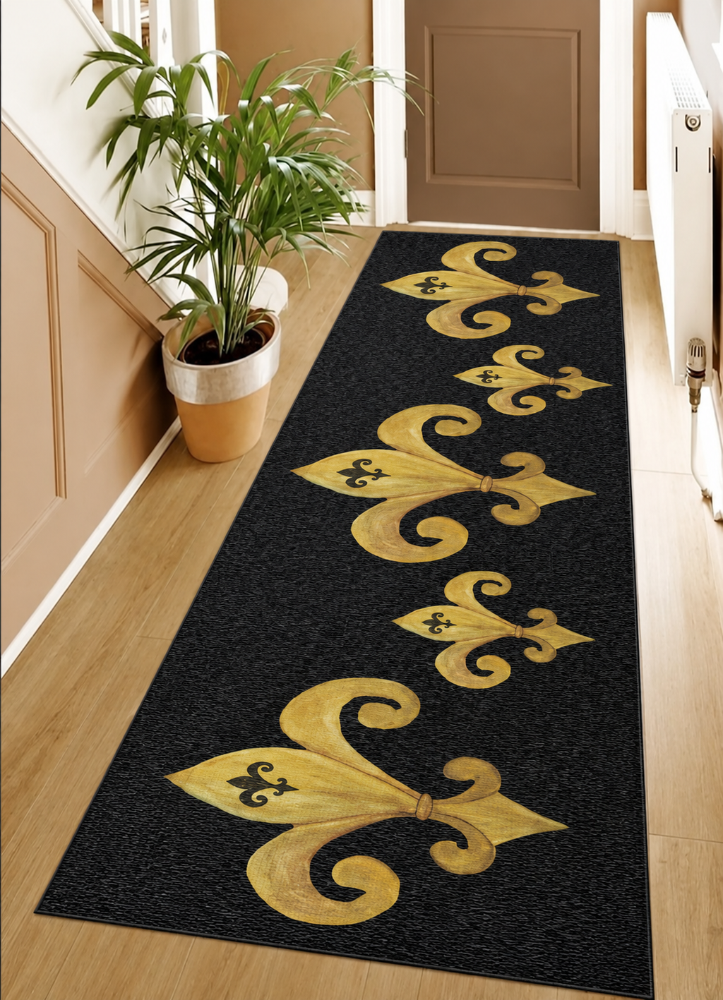 Fleur-de-Lis Black Runner Rug - Gold French Scroll Area Rug