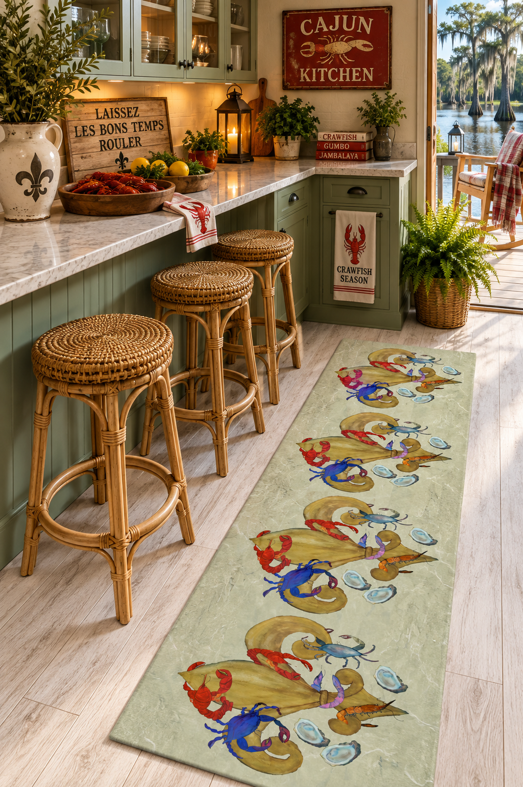 Cajun Fleur de lis Kitchen Runner Rug — Coastal Hallway Accent