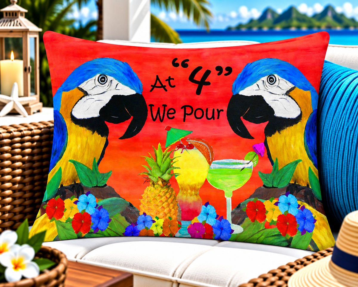 Tropical Parrot Lumbar Pillow — "At 4 We Pour" Cocktail Decor