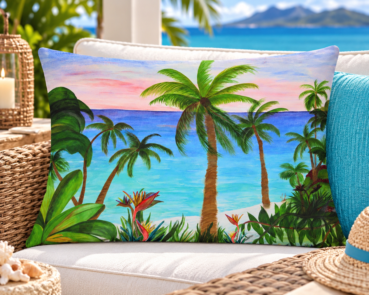 Tropical Palm Beach Lumbar Pillow — Coastal Sunset Decorative Accent