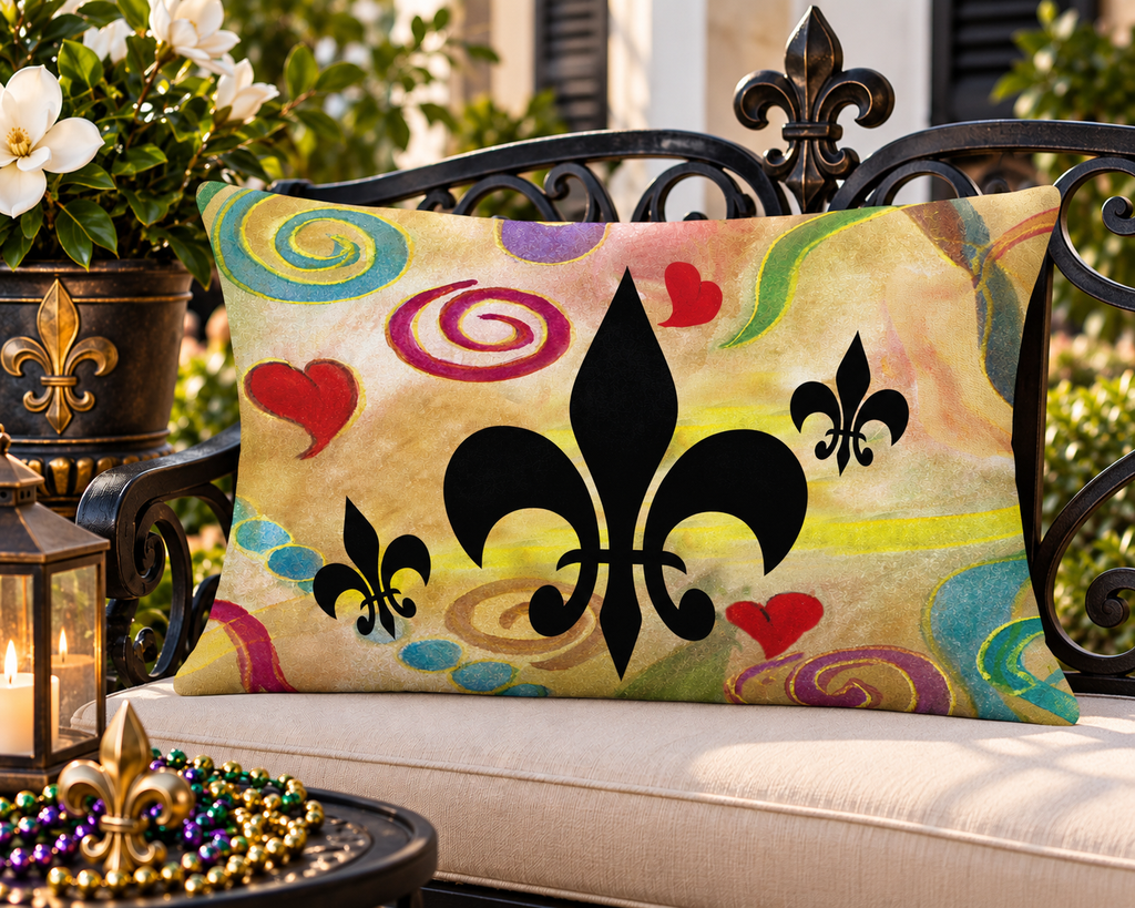 Fleur-de-Lis Decorative Lumbar Pillow — Colorful Swirls & Hearts Accent Cushion