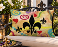 Fleur-de-Lis Decorative Lumbar Pillow — Colorful Swirls & Hearts Accent Cushion