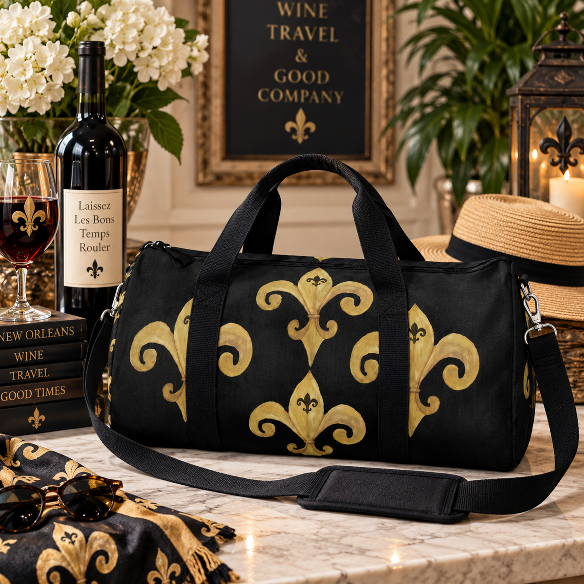 Gold Fleur-de-Lis Pattern Duffel Bag — Elegant Travel & Gym Weekender