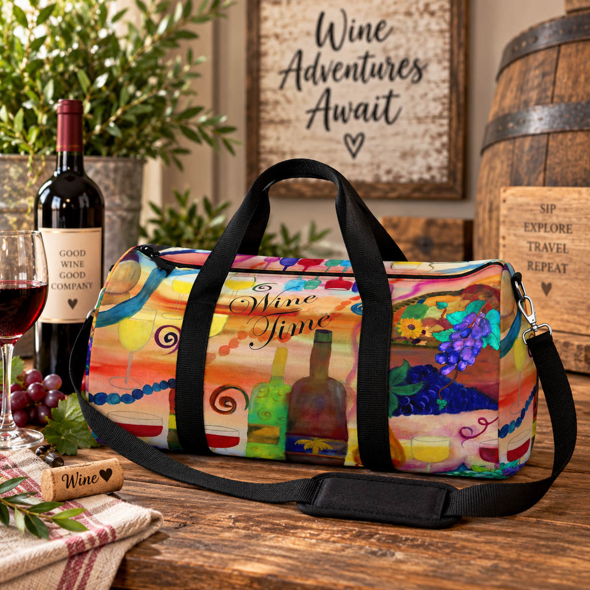 Wine Time Duffel Bag — Colorful Grapes & Bottles Travel Bag