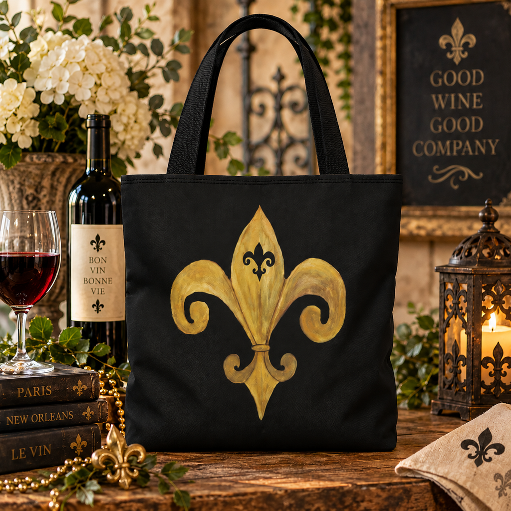 Fleur-de-Lis Gold Tote Bag – Elegant Black All-Over Print Tote