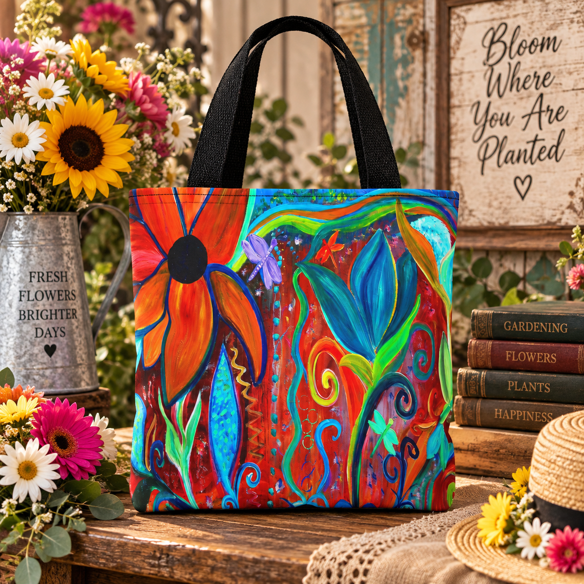 Floral Artsy Tote Bag — Vibrant Hand-Painted Garden Print All-Over-Print Tote