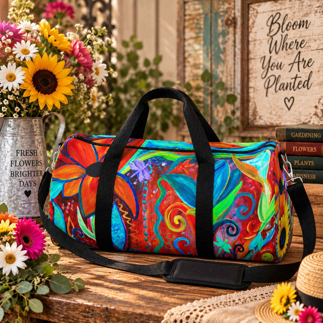 Vibrant Floral Art Duffel Bag — Colorful Abstract Travel & Gym Bag