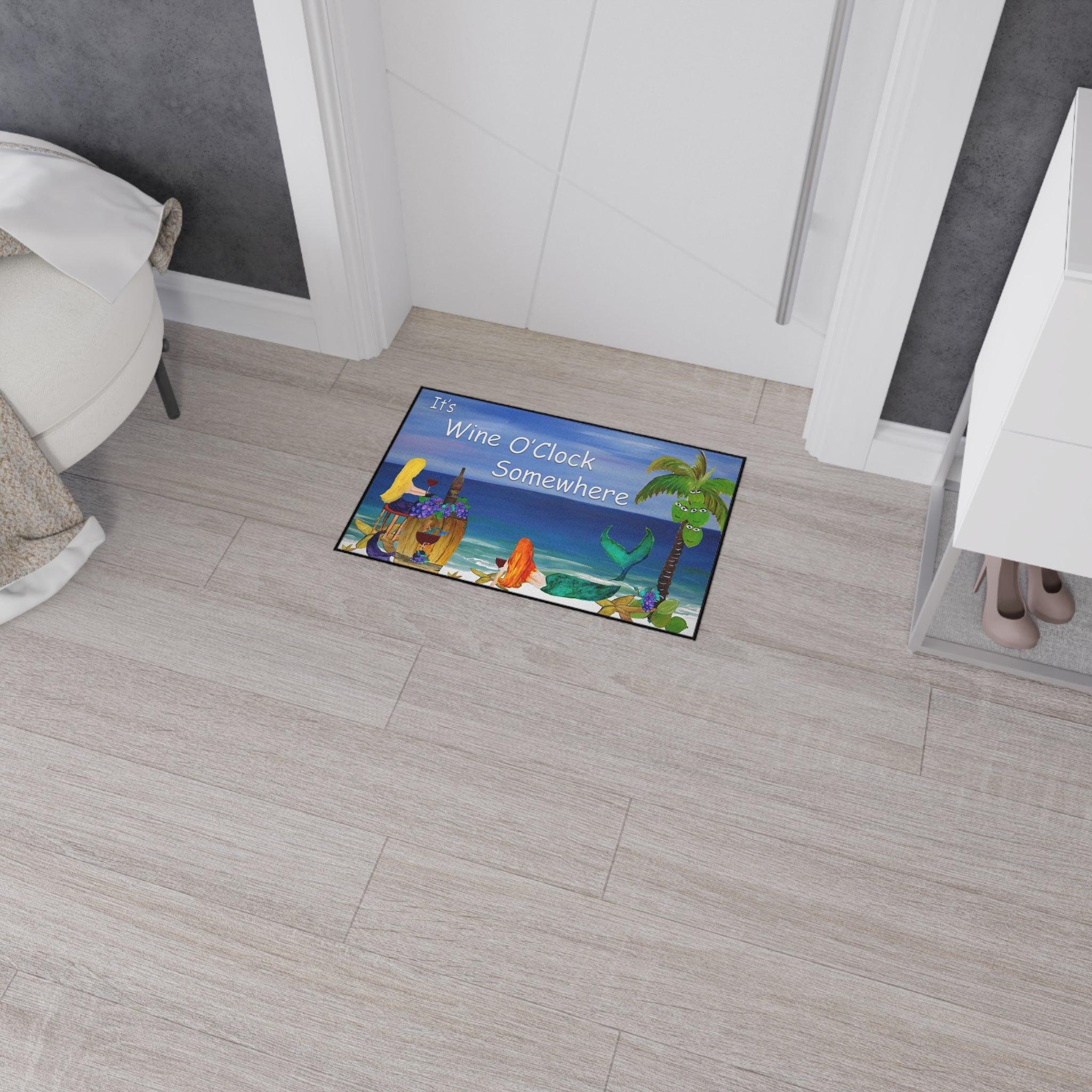 Heavy Duty Floor Mat – "It’s Wine O’Clock Somewhere" Beach Mermaid Welcome Mat